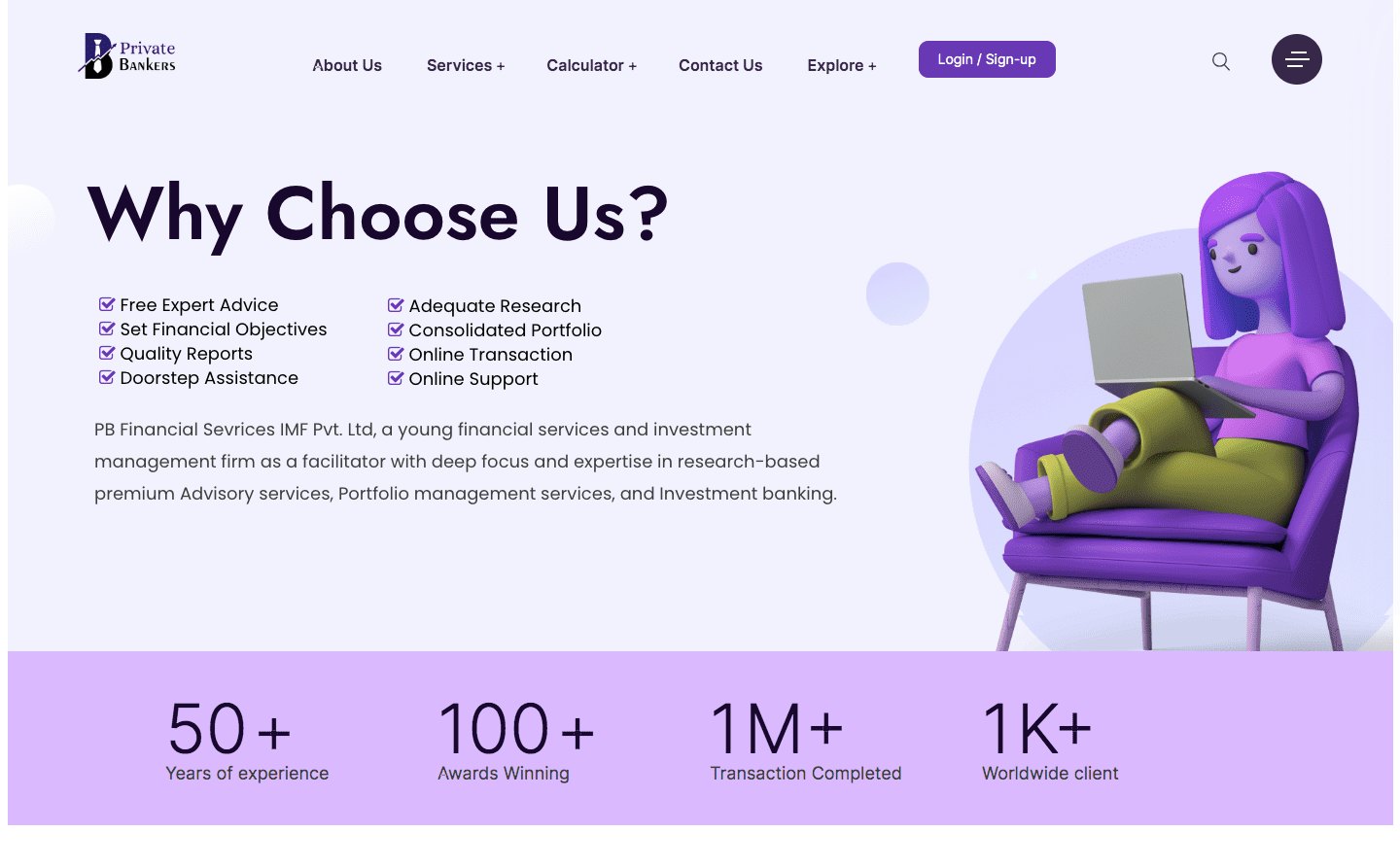 Private Bankers website homepage, designed and built by Zuptek Infotech